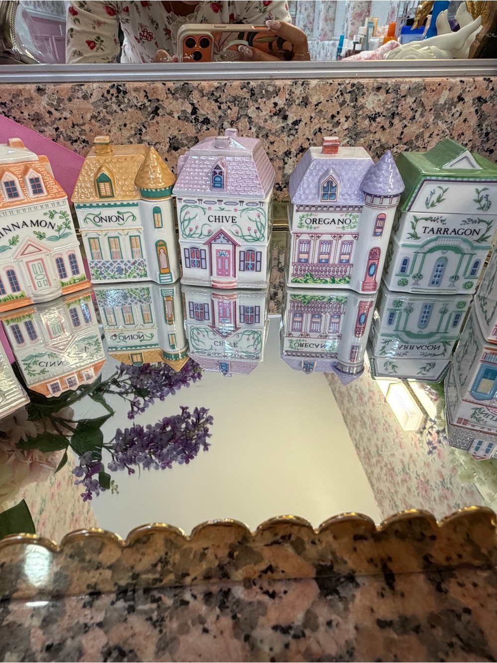 Set of 7 Decorative Ceramic Herb Canisters - Pastel Village Style